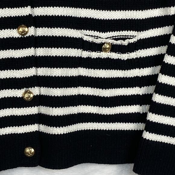 ZARA Womens L White Black Striped Knit Gold Nautical Preppy Cardigan Sweater - Picture 4 of 10